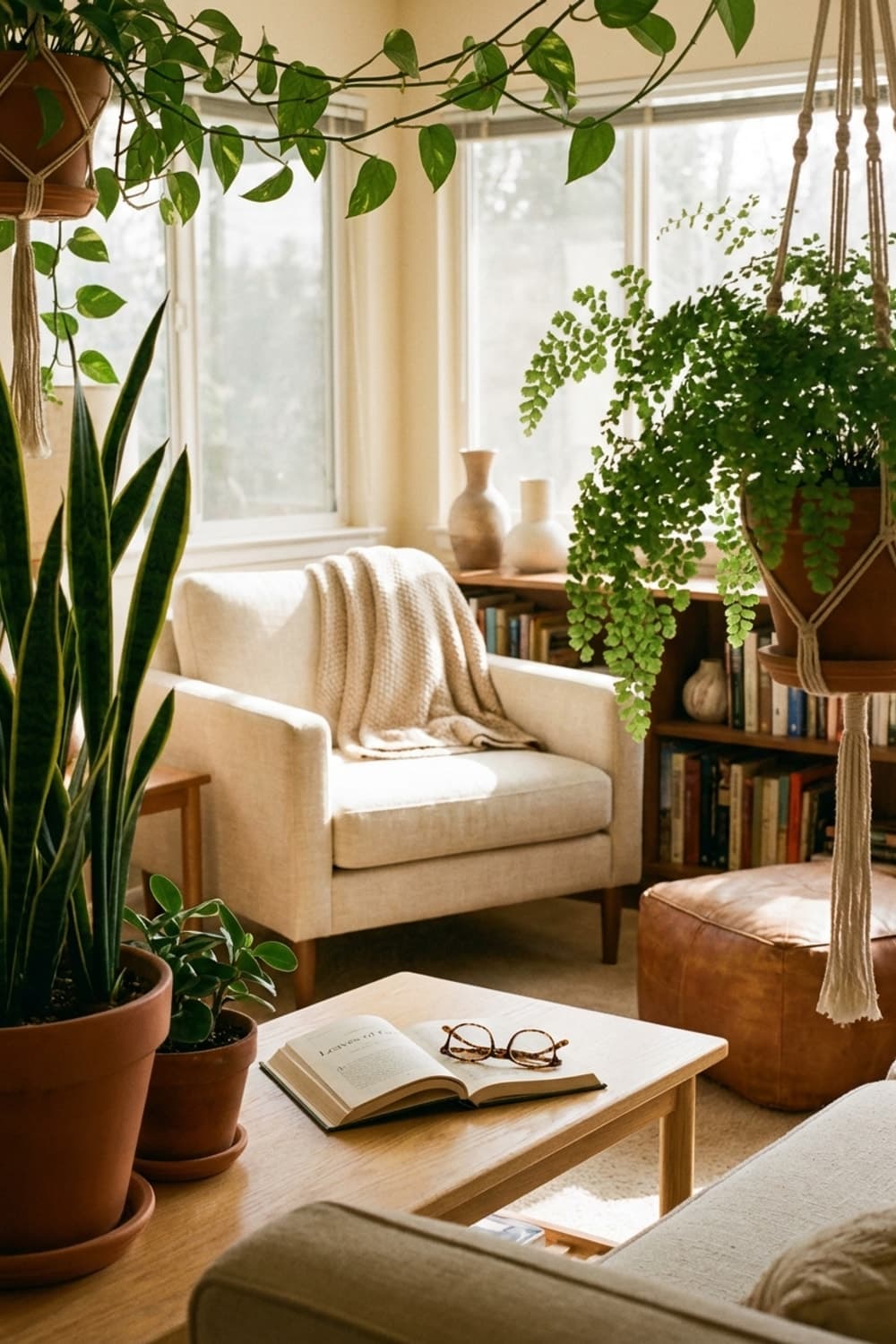 Leaves of Grass and Golden Hour - living room, beige, brown, cream, armchair - Room Inspiration