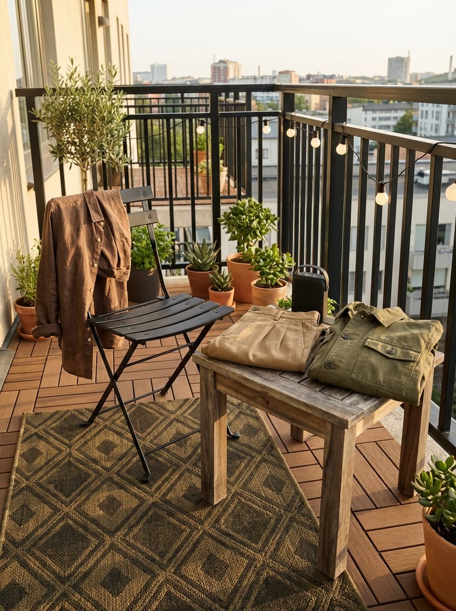 Balcony Threads and City Dreams - balcony, urban, city view, brown, green - Room Inspiration