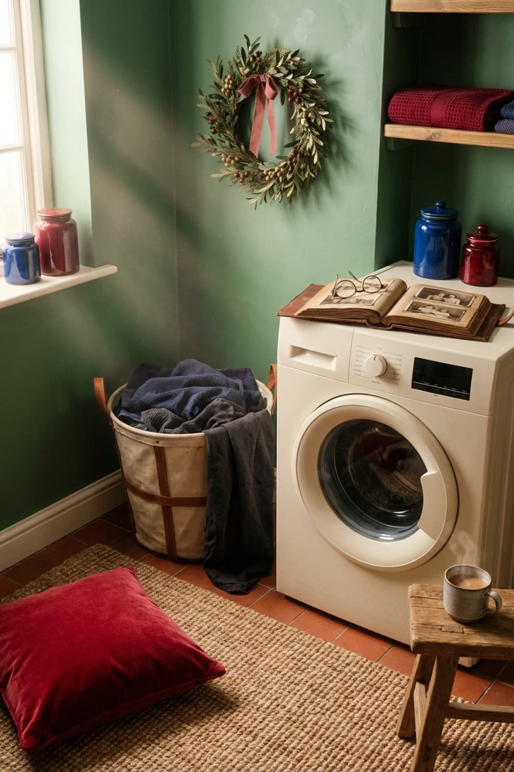 Olive Branch and Laundry Day - laundry room, green walls, jute rug, laundry basket, red cushion - Room Inspiration