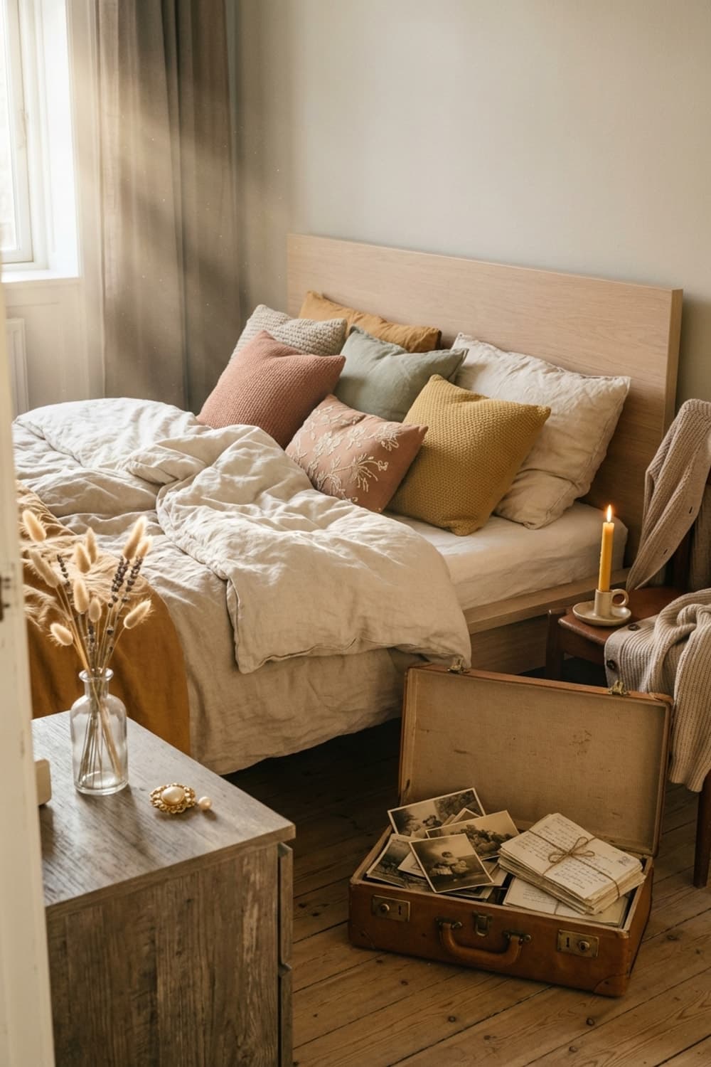 Sun-Dusted Letters and Linen Dreams - bedroom, linen bedding, neutral colors, wood floors, vintage suitcase - Room Inspiration