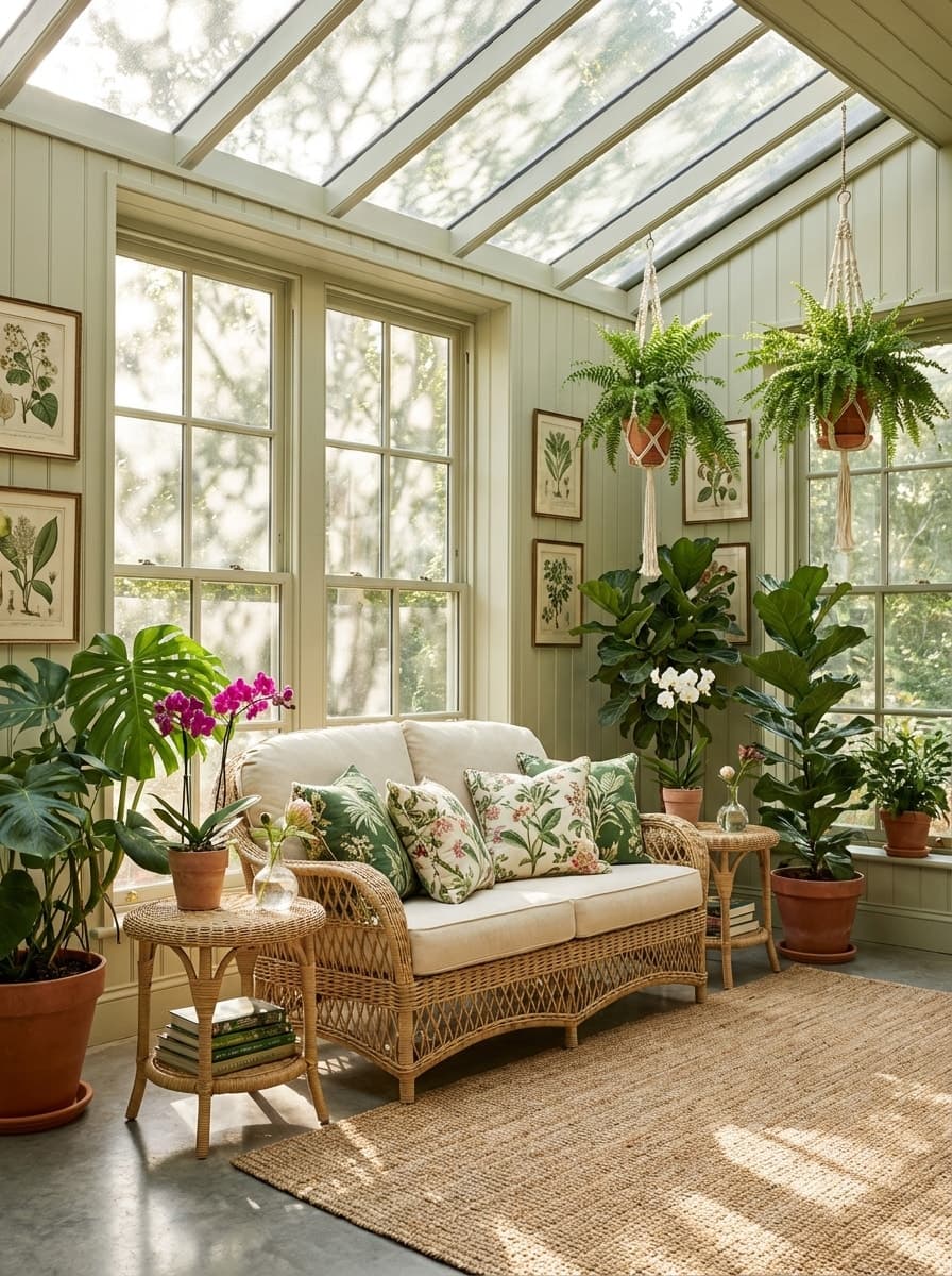 Sunroom Sentinels: Ferns and Windows - sunroom, wicker sofa, jute rug, green, terracotta - Room Inspiration
