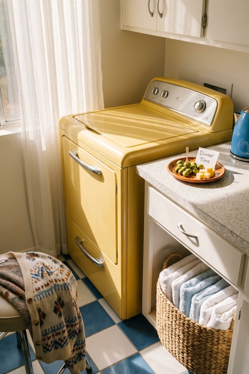 Golden Hour in Liminal Spaces - laundry room, yellow, blue, white, retro - Room Inspiration