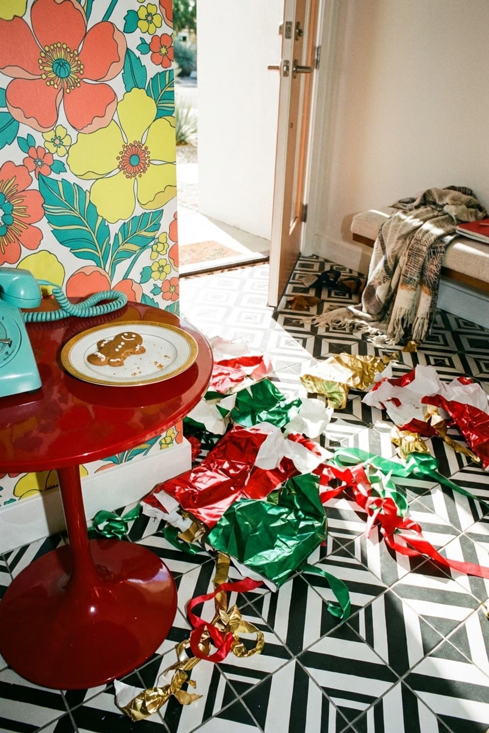Sugar Rush and Torn Wrapping - entryway, Christmas aftermath, red, green, gold - Room Inspiration