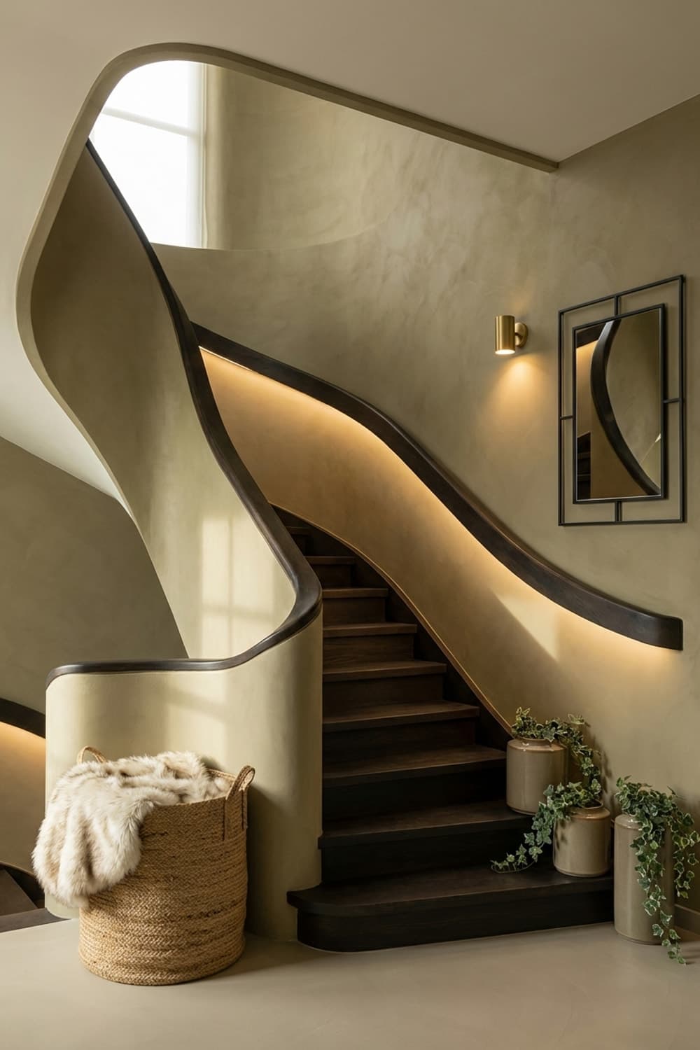 Ascent in Light and Shadow - stairway, stairs, green walls, beige, brown - Room Inspiration