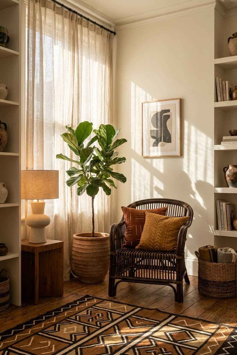 Afternoon Light, Slowed Down - living room corner, brown, beige, wicker chair, woven rug - Room Inspiration
