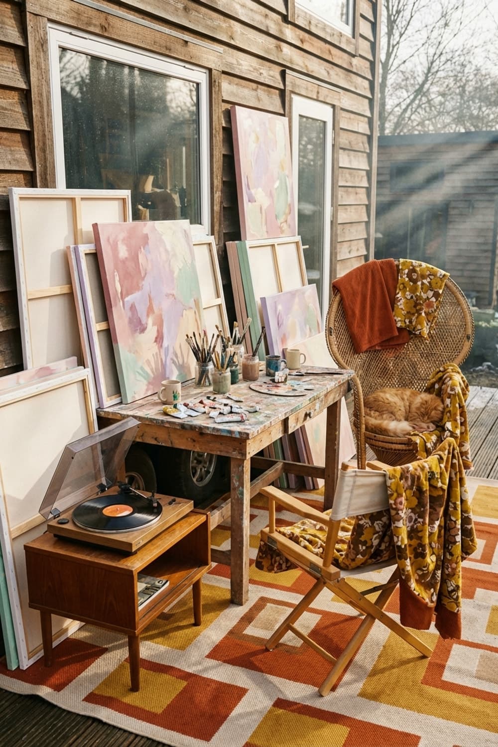 Inspiration in Golden Hour's Grip - artist studio, painting studio, warm light, abstract art, wooden table - Room Inspiration