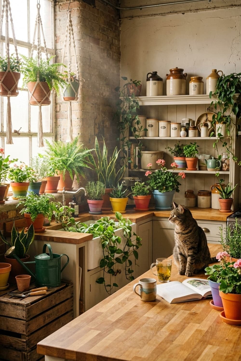 A Cup of Tea and Sunlight - kitchen, plants, green, brown, wood - Room Inspiration