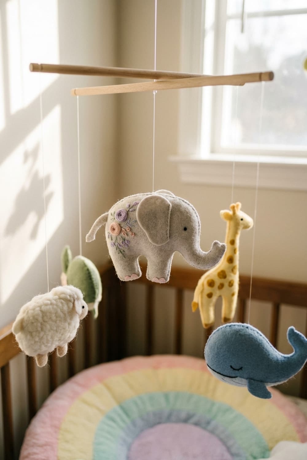 Drifting Under a Childhood Sky - nursery, baby room, pastel colors, baby mobile, wool toys - Room Inspiration