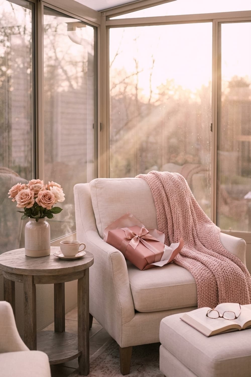 Sunbeam's Whisper, Gift Unopened - sunroom, blush pink, beige, linen armchair, knitted throw - Room Inspiration
