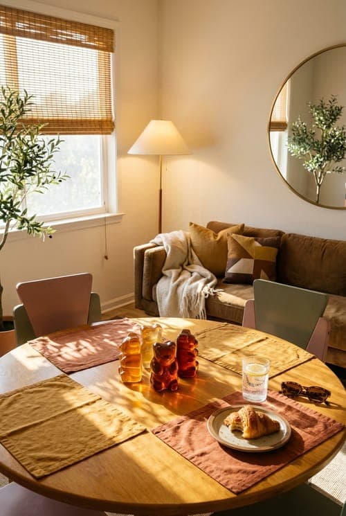 Amber Light, Lazy Morning Promise - dining room, living room, brown sofa