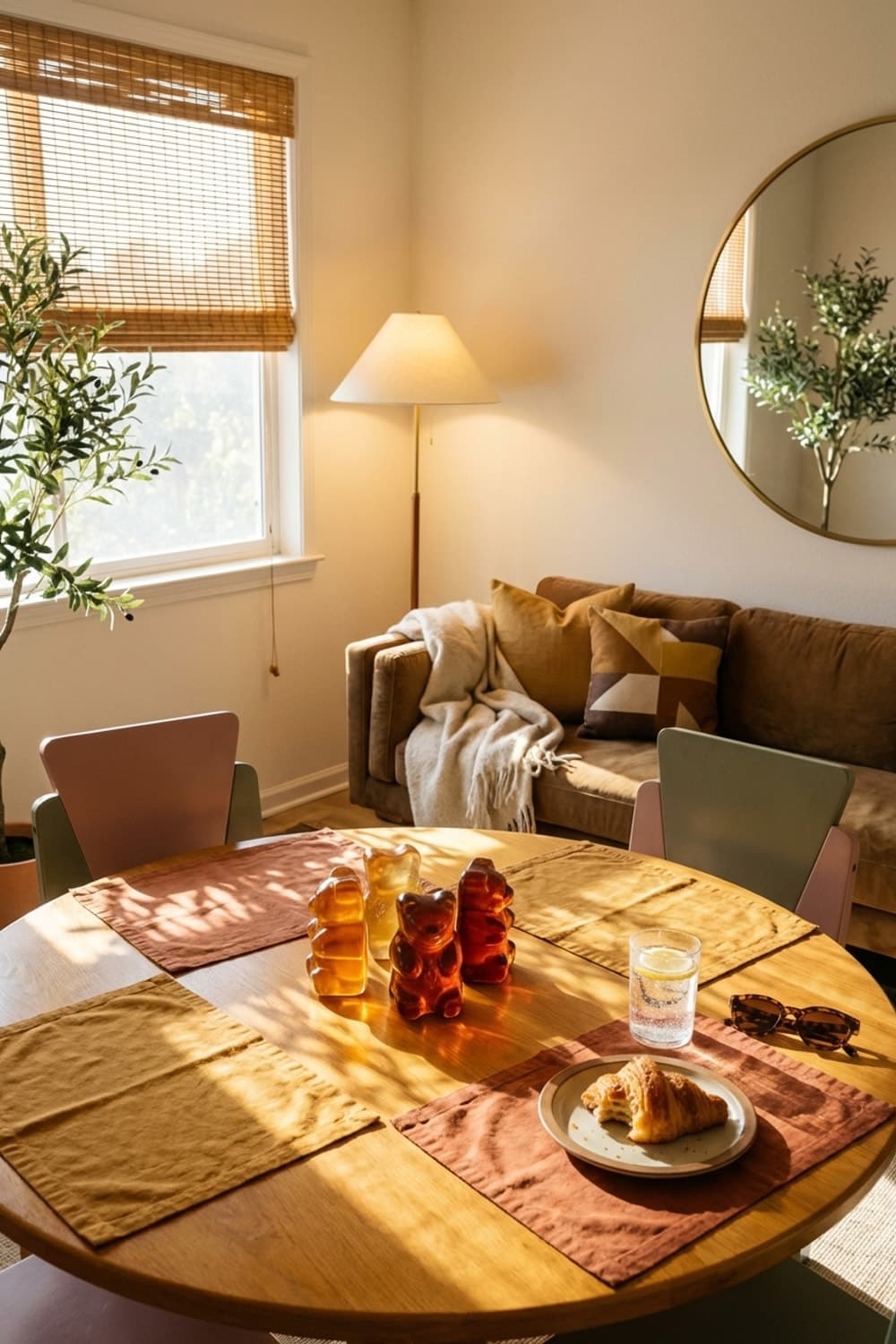 Amber Light, Lazy Morning Promise - dining room, living room, brown sofa, wooden table, warm light - Room Inspiration