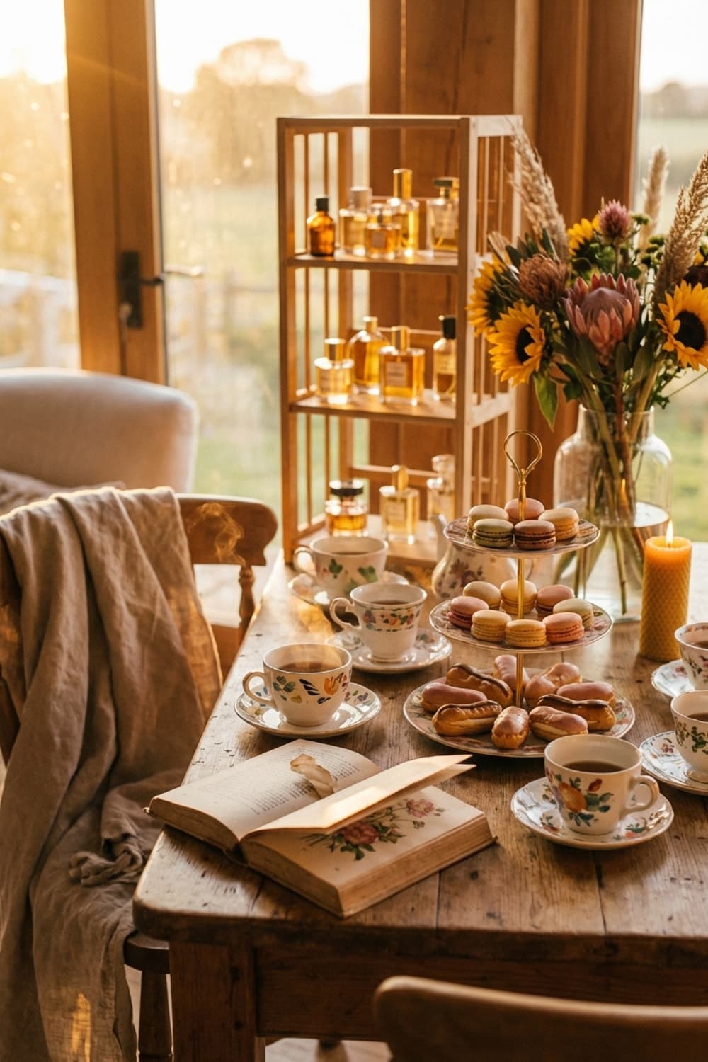 Golden Light, Open Pages - table setting, sunlight, tea time, open book, floral china - Room Inspiration