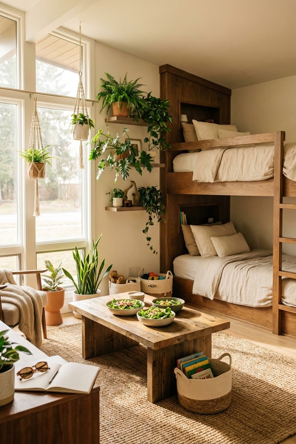 Where Greens Whisper, Woods Glow - bedroom, brown, beige, green, golden hour - Room Inspiration