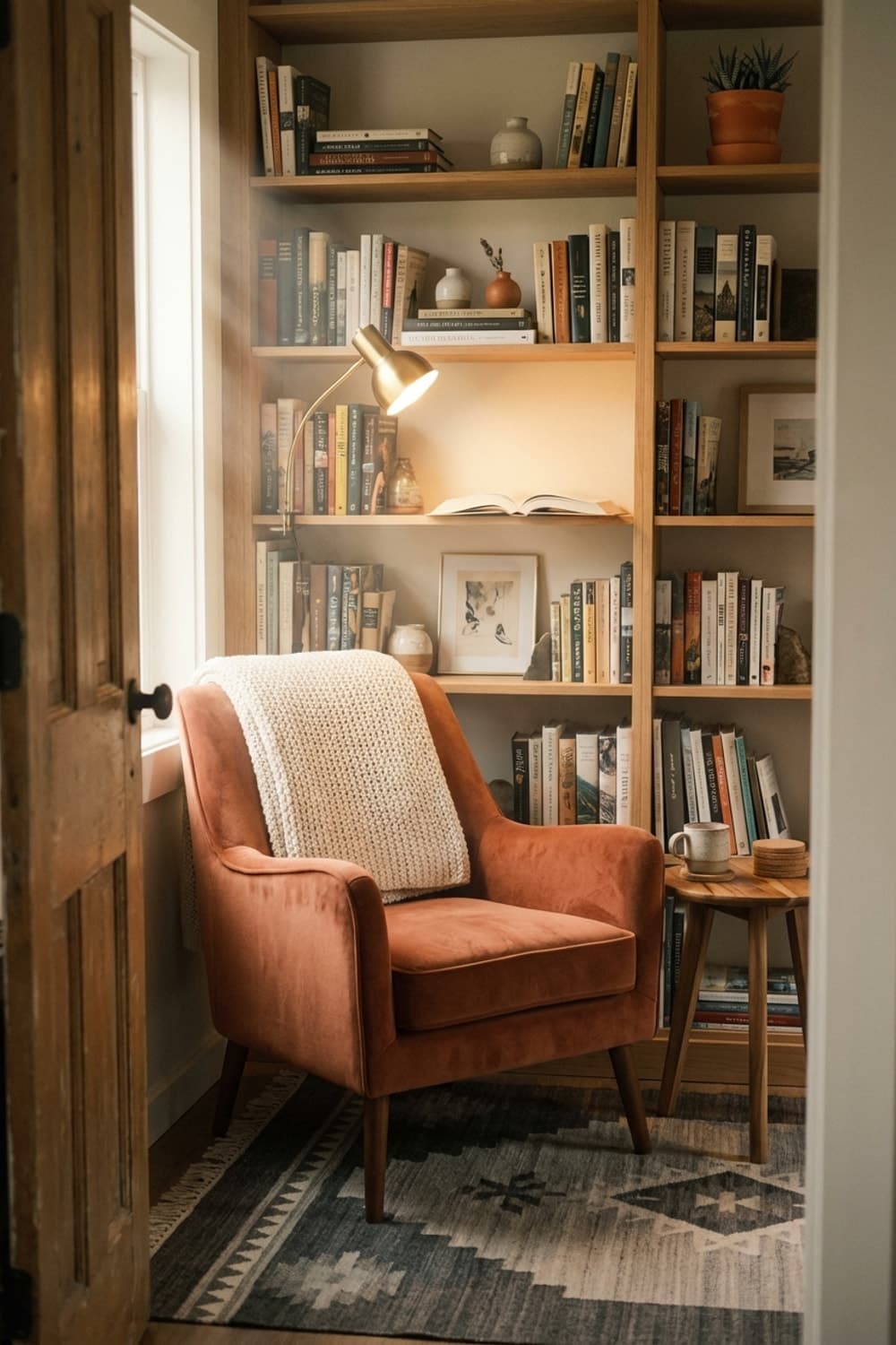 Light on a Page's Curve - reading nook, rust, coral, armchair, bookshelves - Room Inspiration