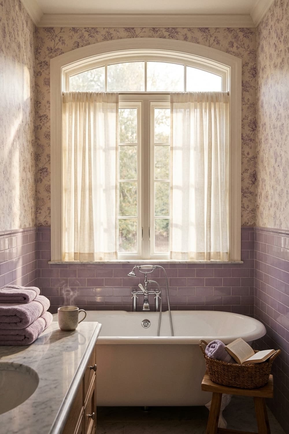 Lavender Musings, Quiet Cascade - bathroom, lavender, white, clawfoot tub, floral wallpaper - Room Inspiration