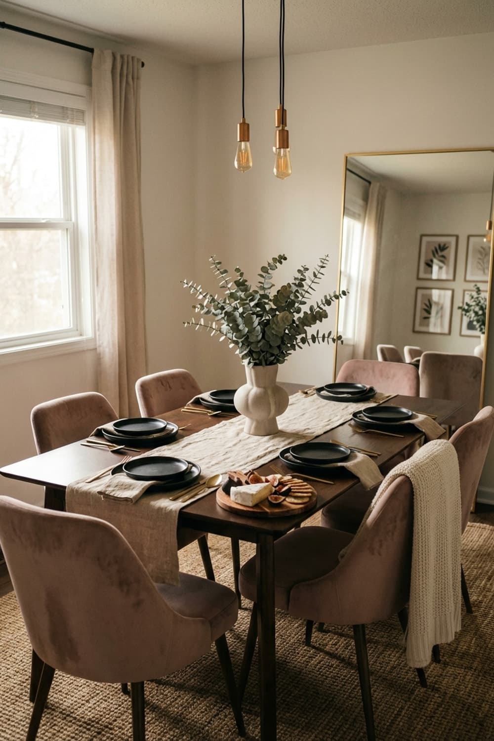 A Still Life with Eucalyptus - dining room, mauve chairs, wood table, black dinnerware, linen runner - Room Inspiration