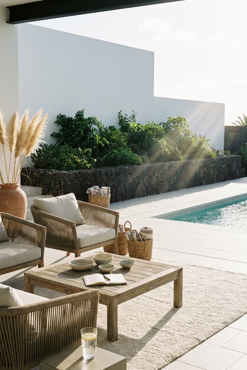 Sun-Drenched Stillness by the Pool - outdoor living, poolside, beige, tan, brown - Room Inspiration