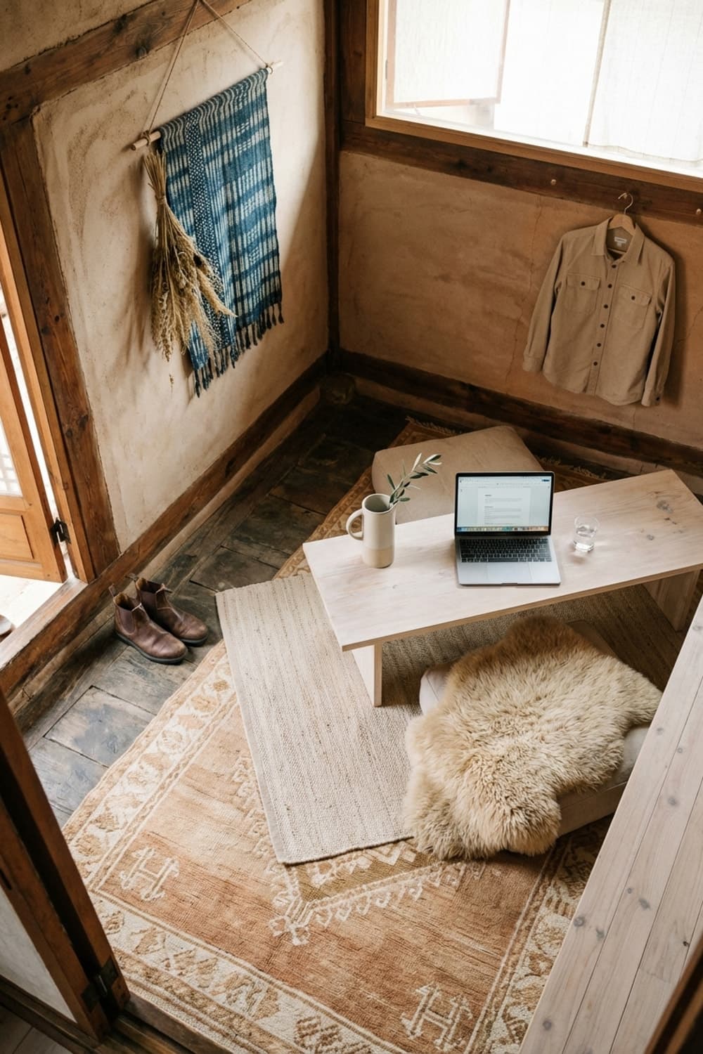 Quiet Words, Warm Light - small room, neutral colors, wood beams, laptop, cream rug - Room Inspiration