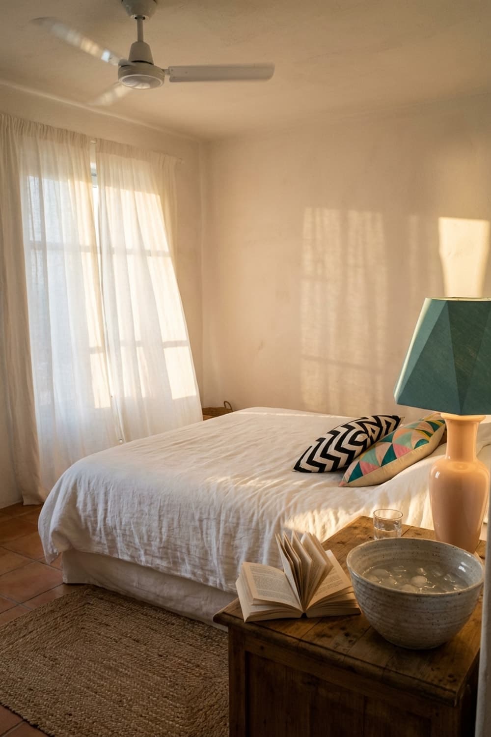 The Stillness Between Awake and Dream - bedroom, white bedding, wooden nightstand, ceramic bowl, ice water - Room Inspiration