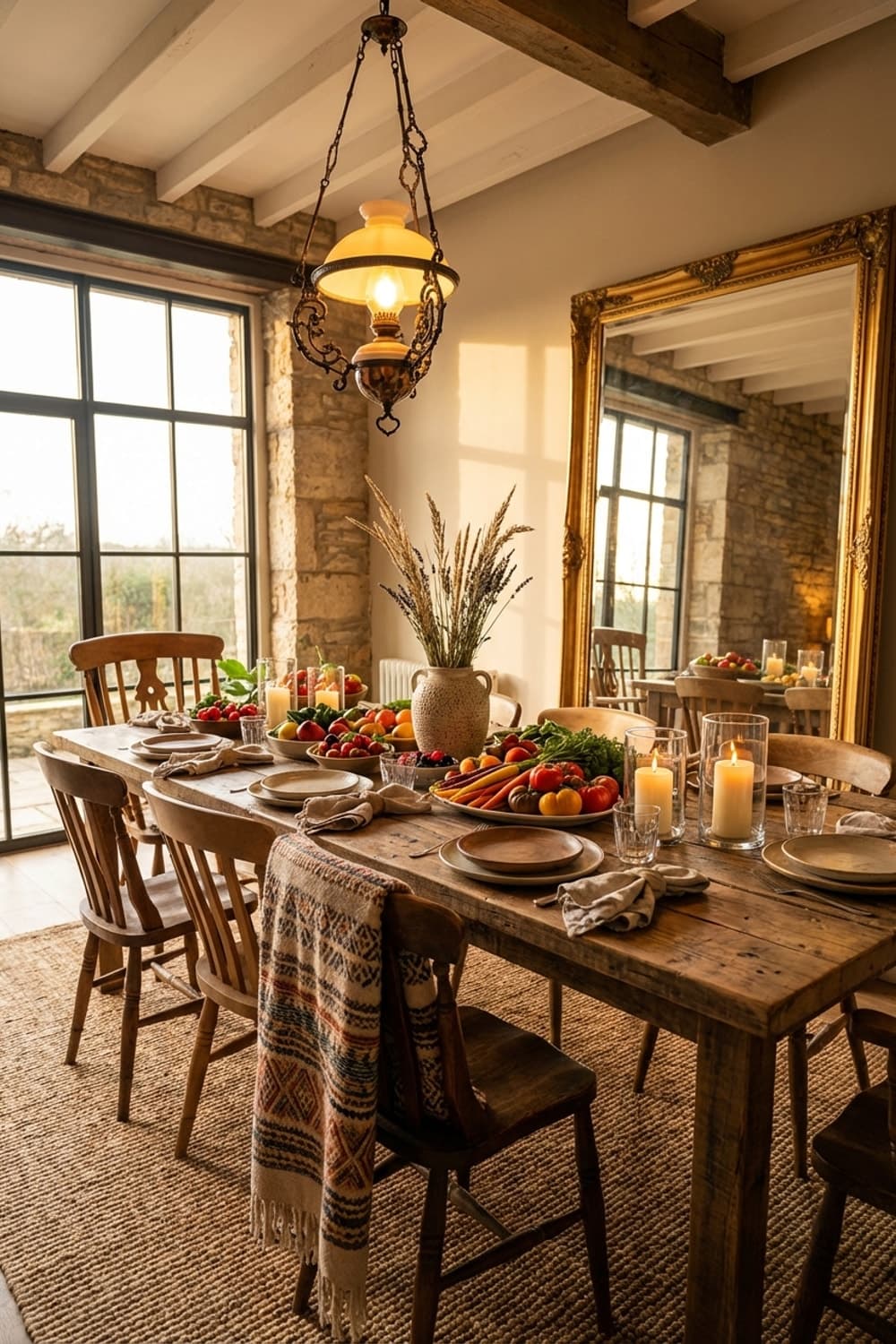 Gathered Light, Earthen Rhythms - dining room, farmhouse, wooden table, dining chairs, woven rug - Room Inspiration