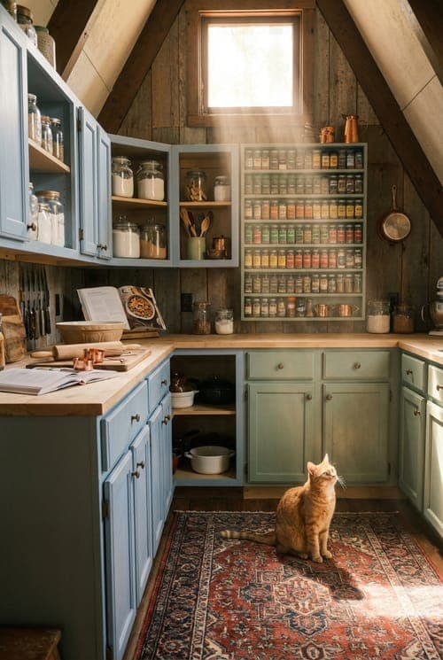 Sunbeam Spice and Ginger Gaze - kitchen, blue cabinets, green cabinets
