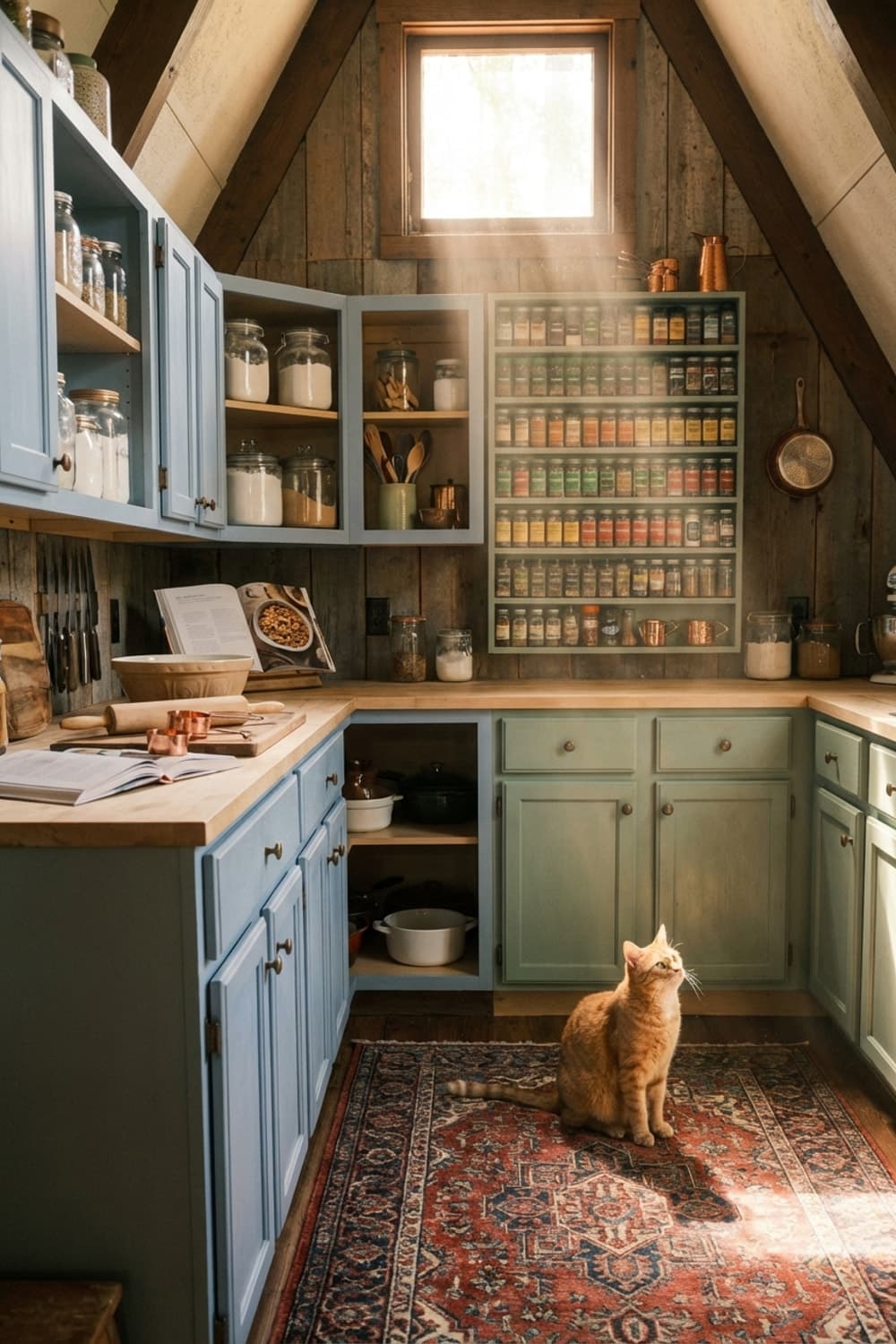 Sunbeam Spice and Ginger Gaze - kitchen, blue cabinets, green cabinets, wood countertop, spice rack - Room Inspiration