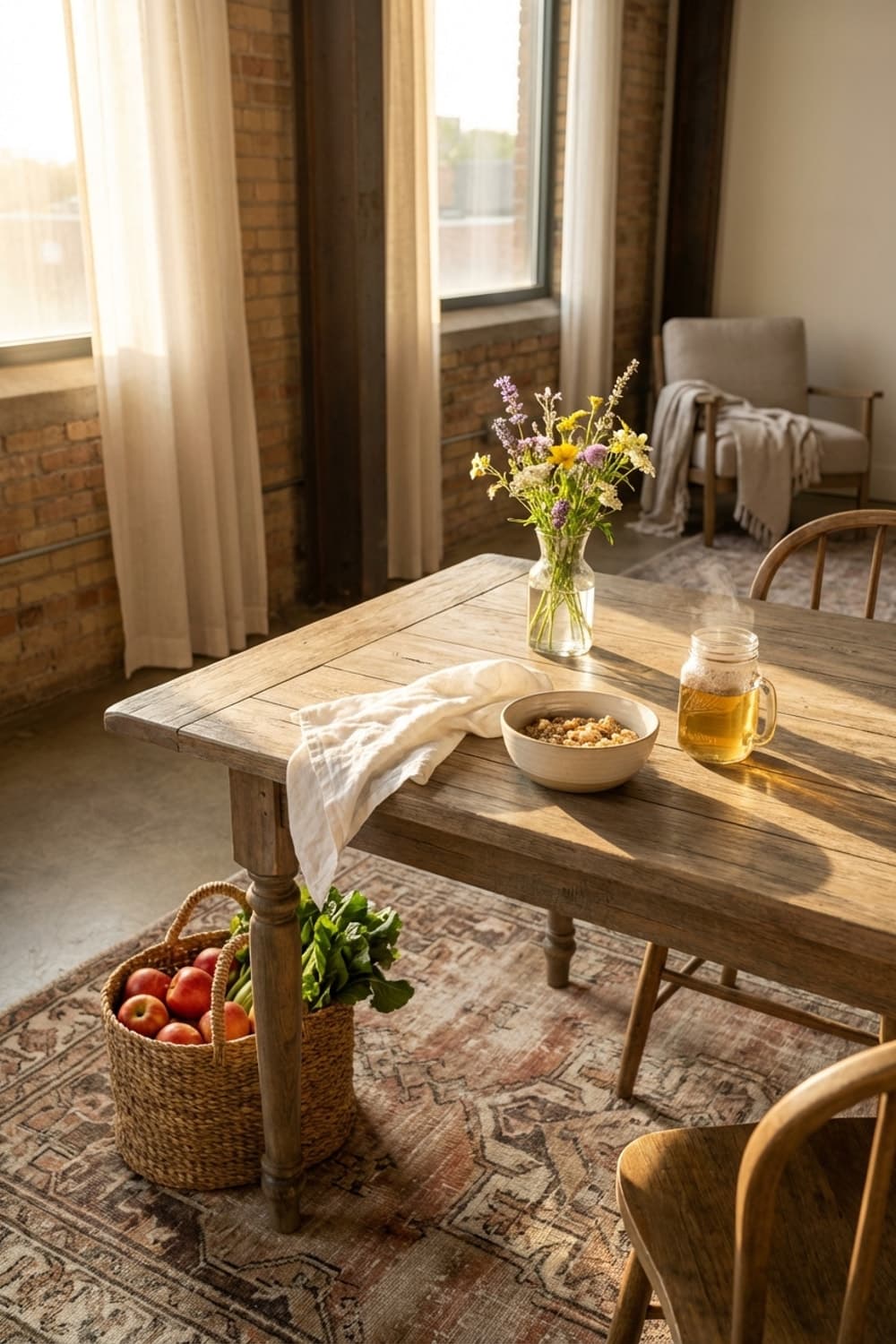 Grains of Light, Ripe Hope - dining room, breakfast, wooden table, woven basket, sunlight - Room Inspiration