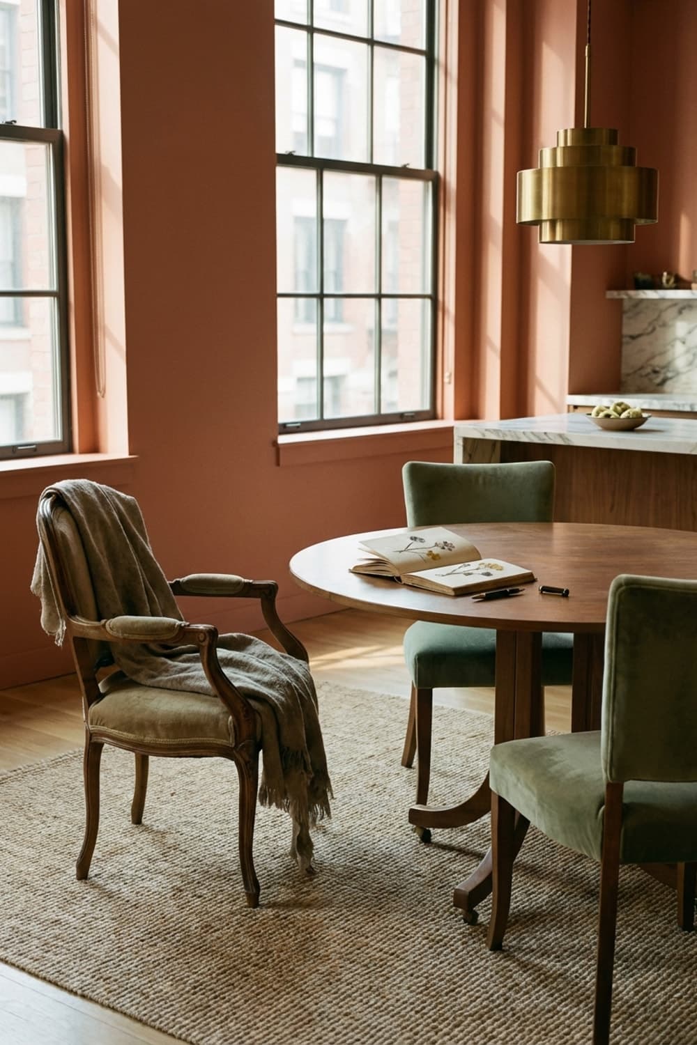The Botanist's Lunch Break - dining room, terra cotta, olive green, round table, botanical illustration - Room Inspiration
