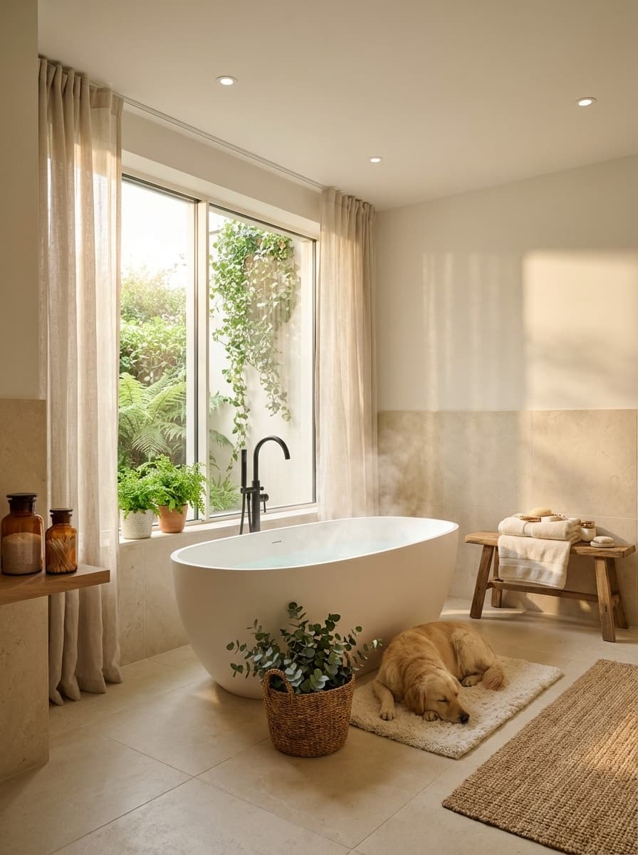 Steam, stillness, and golden slumber. - bathroom, beige, white, natural light, freestanding tub - Room Inspiration