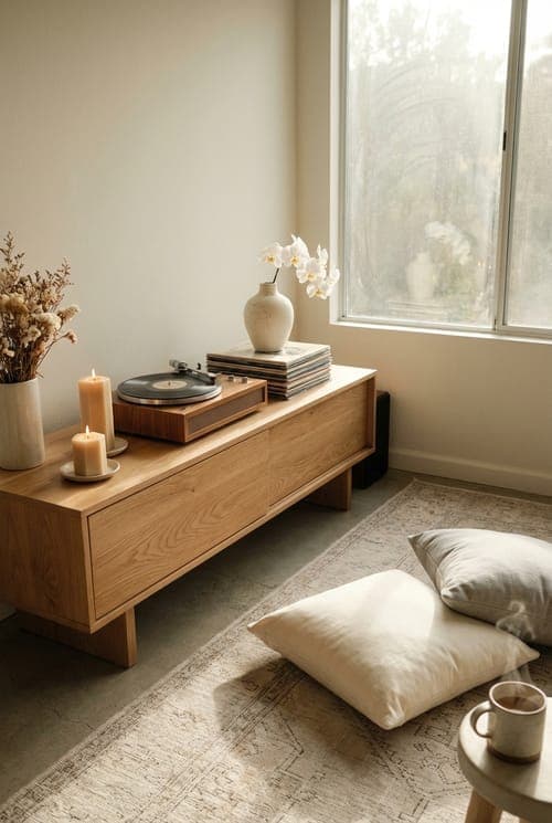 Sunrise and the Sound of Vinyl - living room, neutral colors, light wood