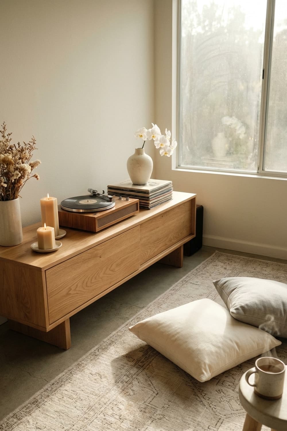 Sunrise and the Sound of Vinyl - living room, neutral colors, light wood, record player, vinyl - Room Inspiration