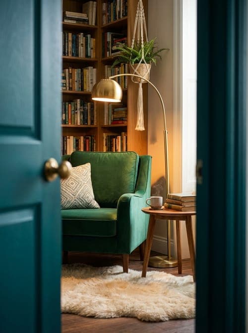 The Bookend of a Perfect Day - reading nook, green armchair, gold floor lamp
