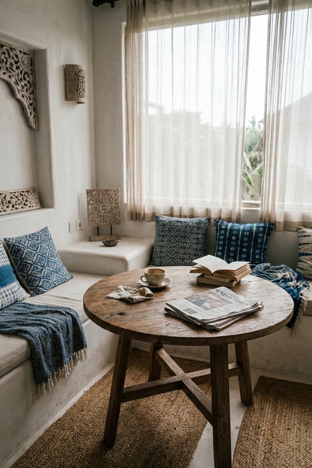 Slow News, Soft Light - reading nook, white, indigo, round wood table, jute rug - Room Inspiration