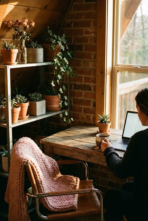 Brick and Bloom, Open Laptop - home office, brick wall, wooden desk