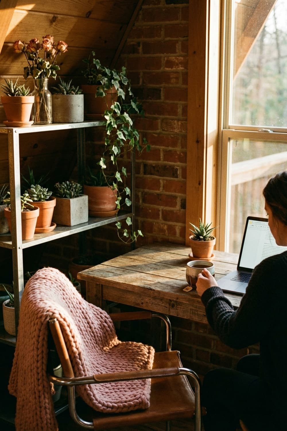 Brick and Bloom, Open Laptop - home office, brick wall, wooden desk, natural light, succulents - Room Inspiration