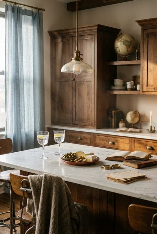 Globes, Olives, and Afternoon Light - kitchen, marble countertop, wood cabinetry