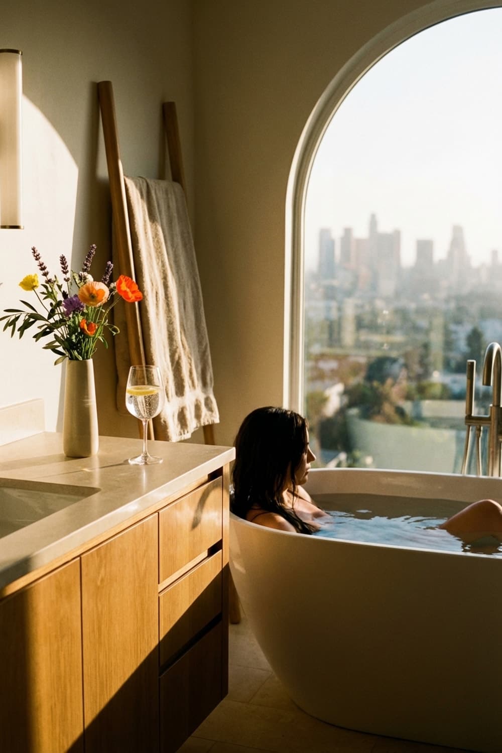 City Lights in Warm Water - bathroom, white, beige, blonde wood, city view - Room Inspiration