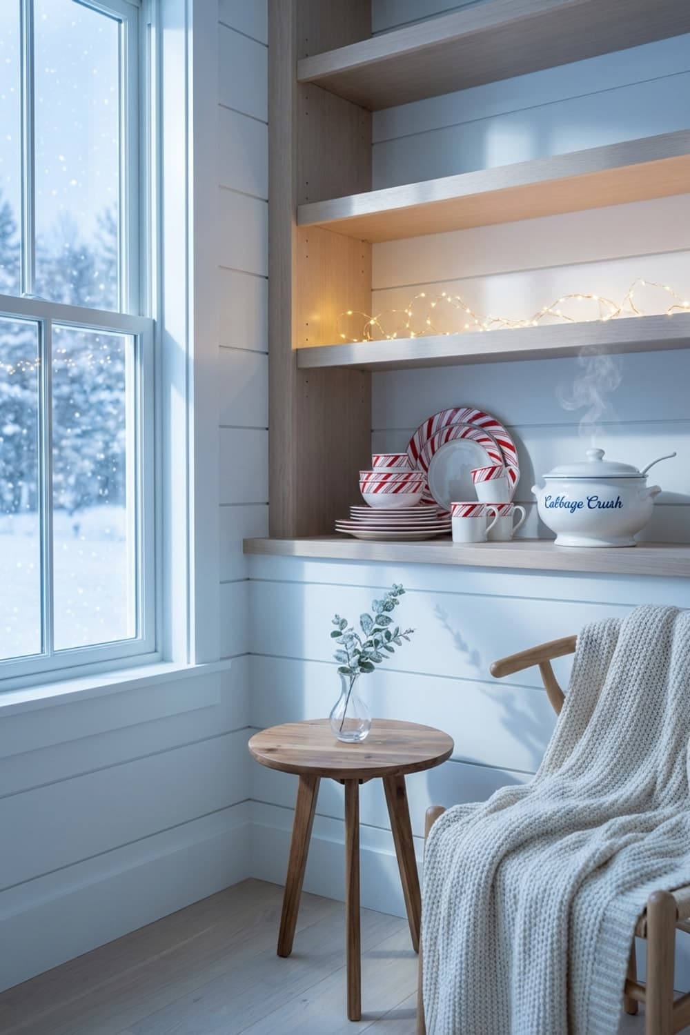 Snowfall and Steaming Cabbage Crush - winter scene, kitchen nook, white, wood, snowy - Room Inspiration