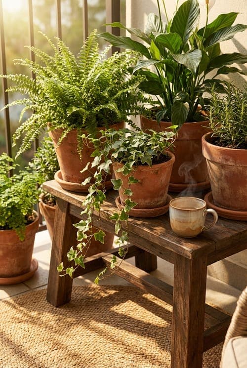 Balcony Solitude, Steaming Cup in Hand - balcony, outdoor space, terra cotta pots