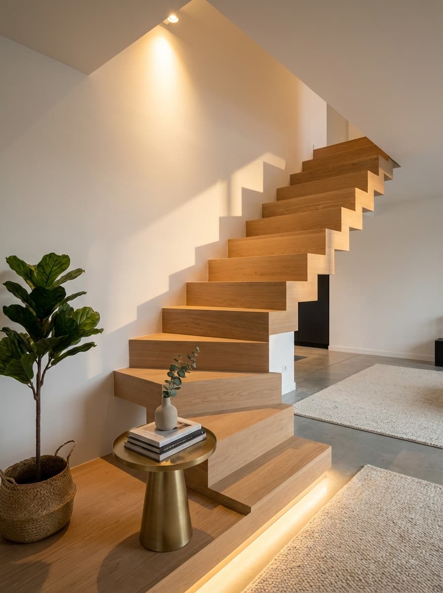 Sun on the Steps, Waiting - staircase, entryway, oak, wood, brass - Room Inspiration