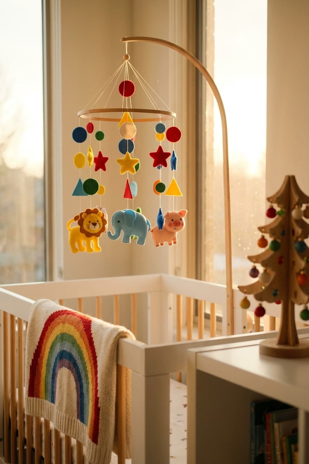 Dreams Woven in Felt and Light - nursery, crib, mobile, rainbow blanket, wooden tree - Room Inspiration