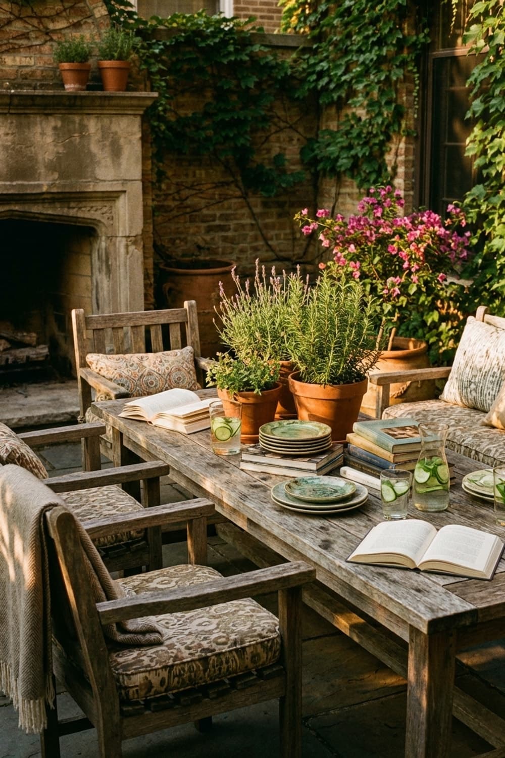 Didn't you need a quiet spot? - outdoor patio, brown, beige, wood furniture, fireplace - Room Inspiration