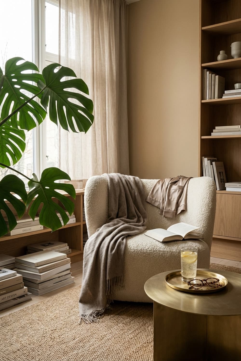 Last Chapter on a Golden Afternoon - reading nook, beige, cream, brown, jute rug - Room Inspiration
