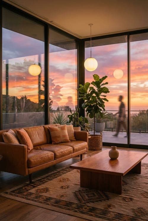 Sunset's Echo in Leather and Wood - living room, sunset colors, brown leather sofa