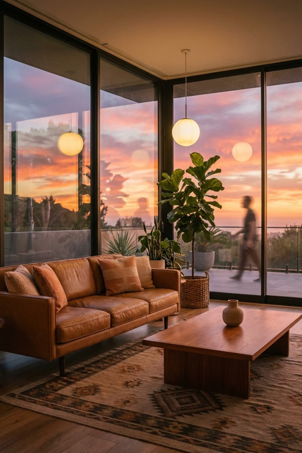 Sunset's Echo in Leather and Wood - living room, sunset colors, brown leather sofa, wooden coffee table, patterned rug - Room Inspiration