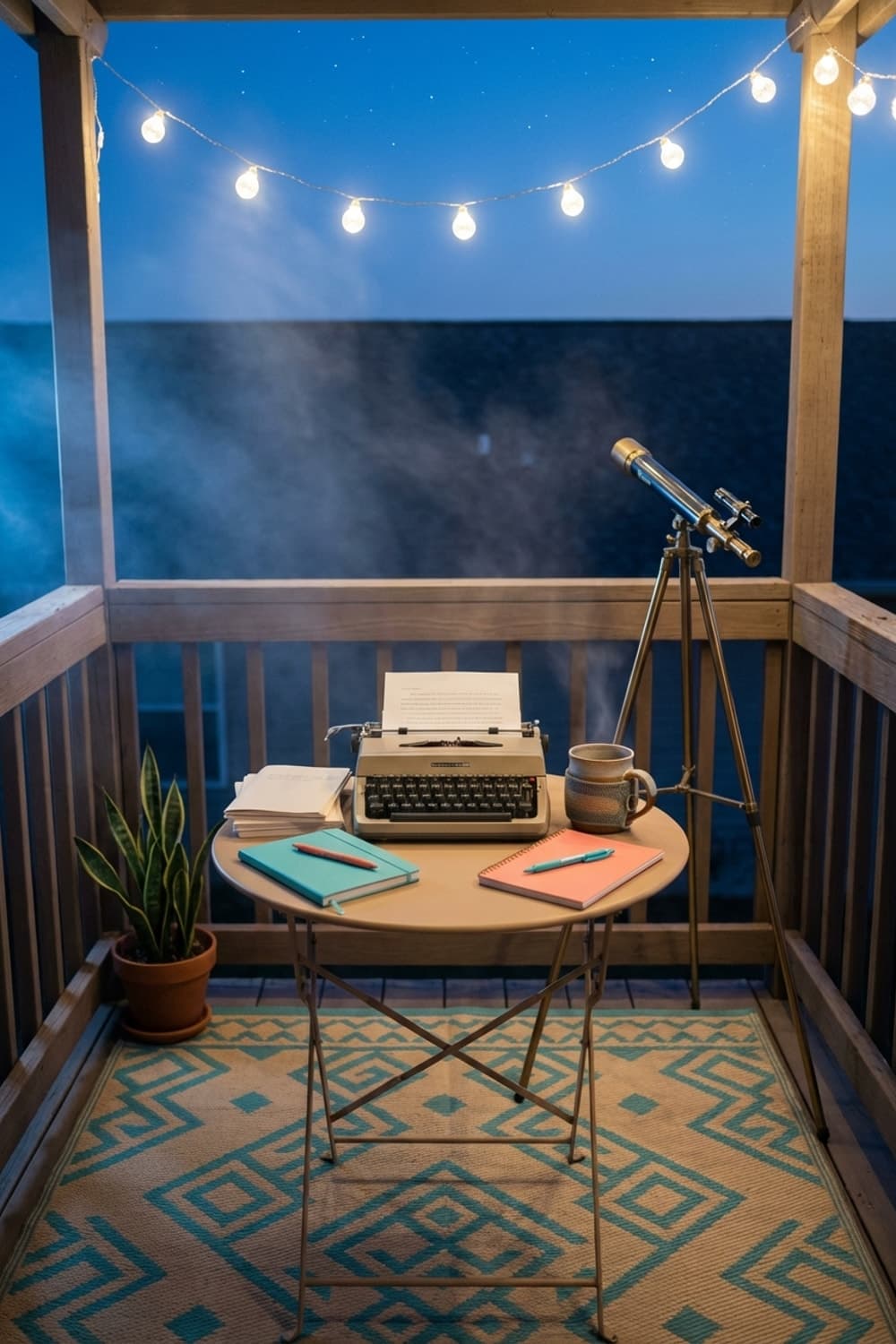 Ink Stains and Distant Stars - balcony, patio, twilight, typewriter, telescope - Room Inspiration