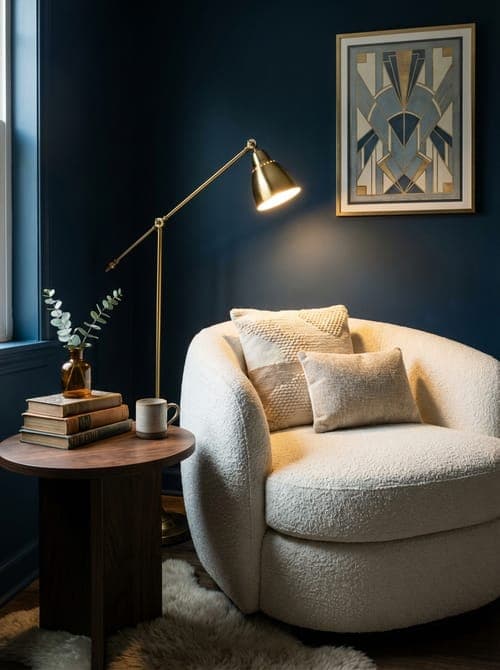 The Golden Hour's Quiet Embrace - reading nook, navy blue, bouclé chair