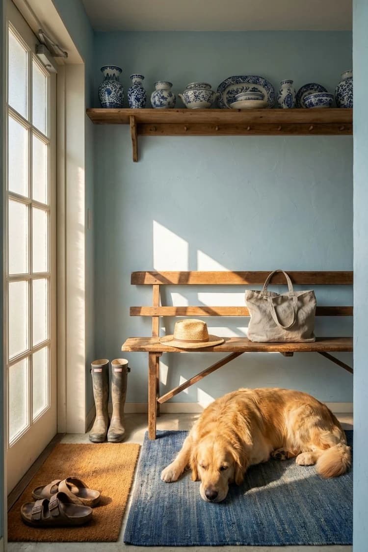 Blue Wall, Quiet Dog - entryway, blue walls, wooden bench, dog, morning light - Room Inspiration