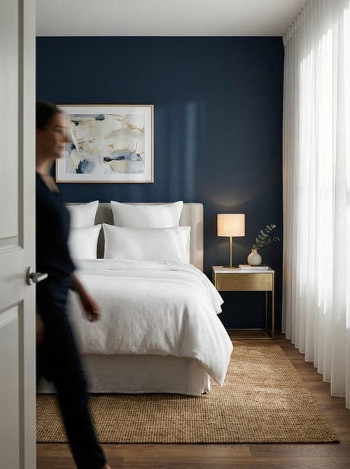 Indigo Dreams and Soft Departures - bedroom, indigo walls, white bedding
