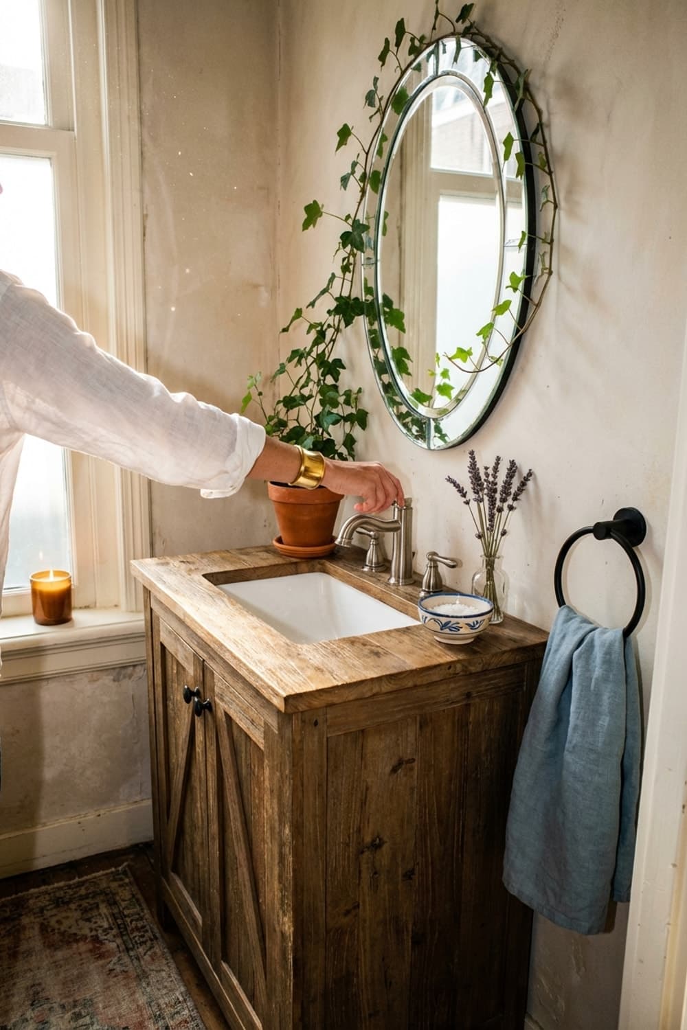 Turning on the Morning - bathroom, rustic, wood vanity, oval mirror, green ivy - Room Inspiration